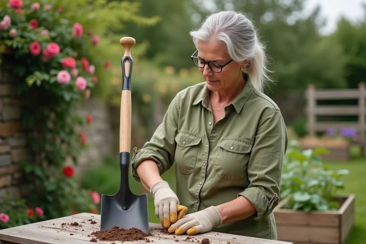 Femme entretenant une bêche avec de l'huile minérale dans un jardin de cottage verdoyant
