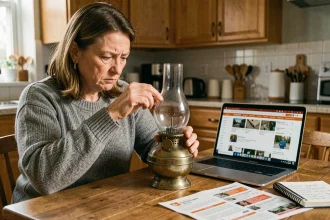 Femme examinant une lampe à pétrole ancienne en laiton tout en consultant des annonces en ligne sur son ordinateur portable