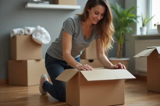 Femme qui ferme les rabats d'un carton de déménagement en carton brun sur un parquet en bois