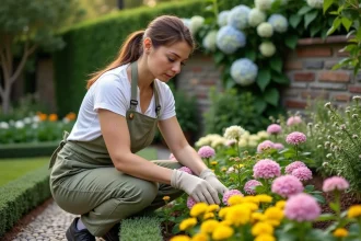 Femme jardinant dans un jardin harmonieux avec des bordures de buis et des plantes vivaces en fleurs