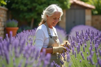 Femme qui taille des plants de lavande en fleurs dans un jardin provençal avec des murs en pierre