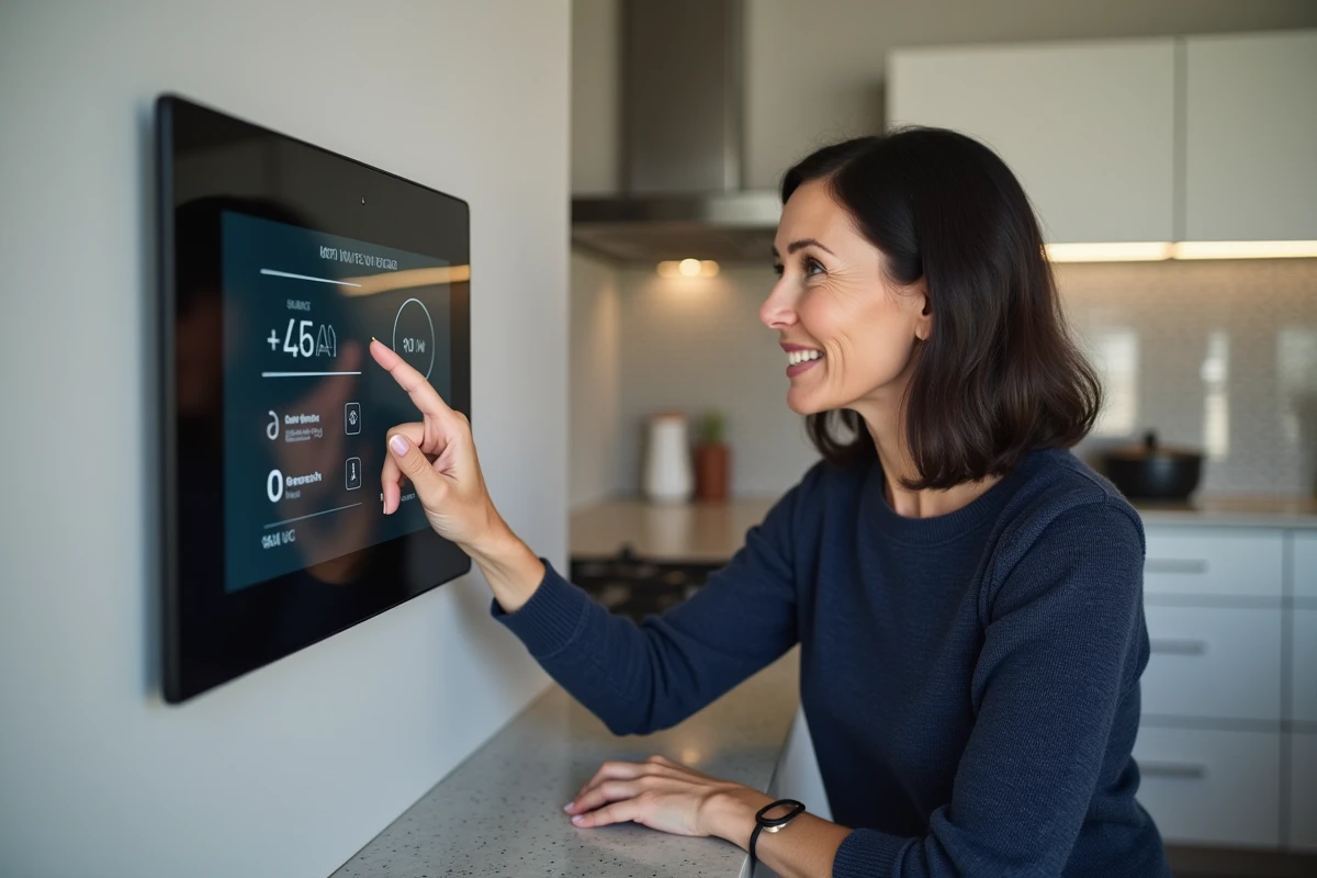 Femme utilisant un panneau de contrôle domotique mural dans une cuisine contemporaine