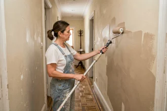 Femme peignant un couloir étroit avec un rouleau, rénovation maison petit budget