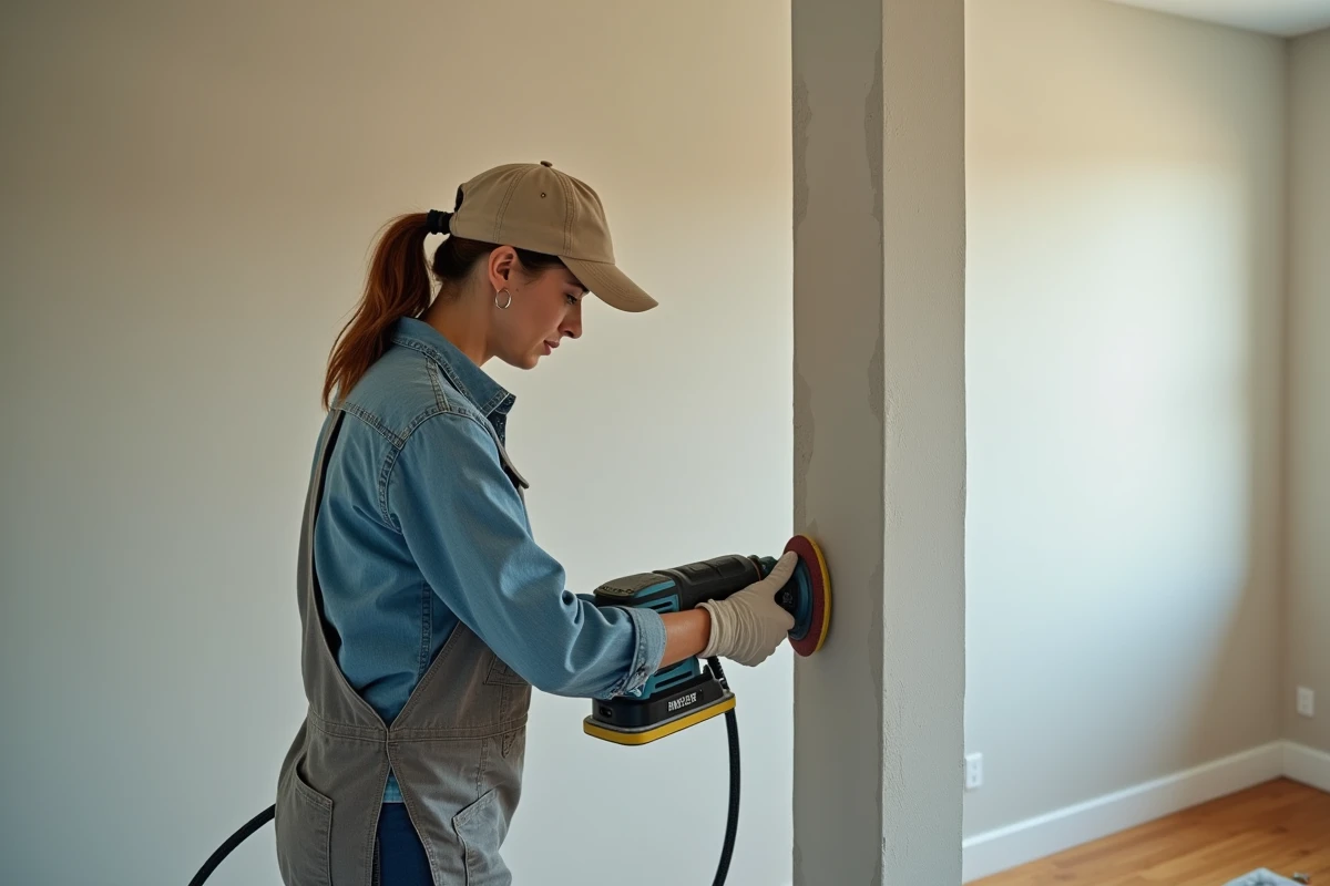 Femme utilisant une ponceuse électrique murale pour lisser une cloison intérieure dans un salon en cours de rénovation
