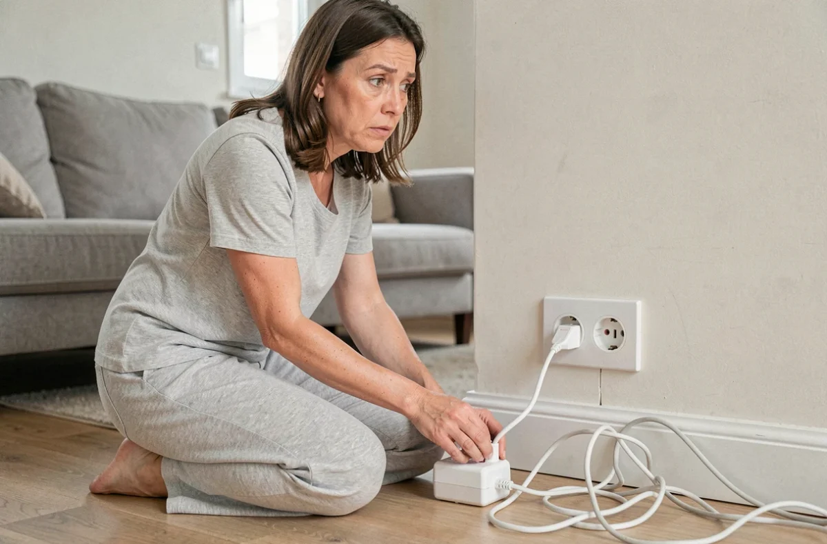Femme découvrant une prise Legrand double mal encastrée avec un espace visible entre la plaque et le mur dans un salon