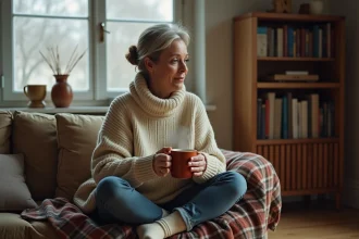 Femme en pull en laine avec une tasse chaude assise sur un canapé sous un plaid dans un appartement mal isolé