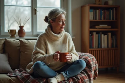 Femme en pull en laine avec une tasse chaude assise sur un canapé sous un plaid dans un appartement mal isolé