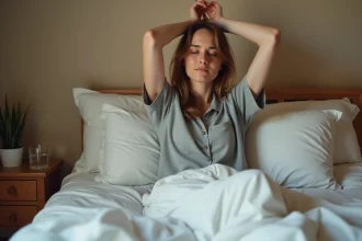 Femme se réveillant le matin en s'étirant dans son lit avec une expression somnolente et naturelle