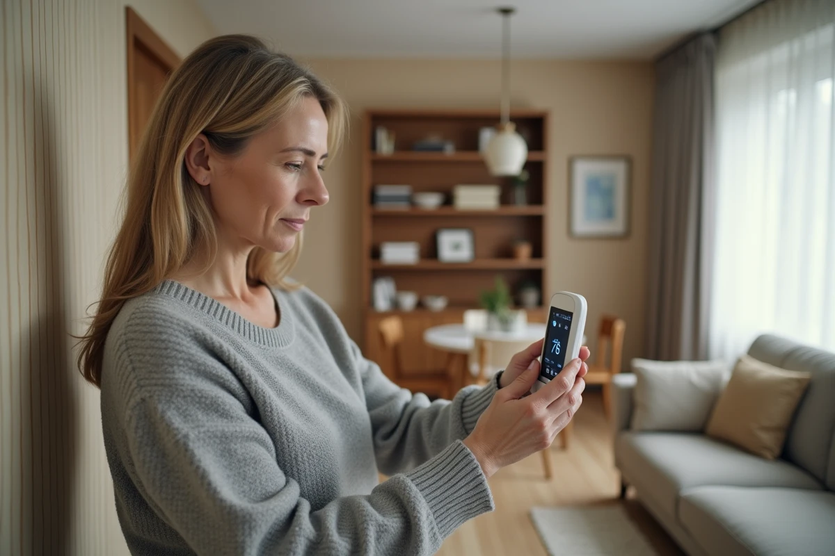 Femme ajustant un thermostat numérique mural dans un salon confortable pour régler le chauffage domestique