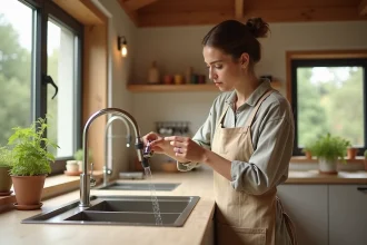Femme ajustant un aérateur de robinet économe en eau dans une cuisine bioclimatique en pierre naturelle et bois
