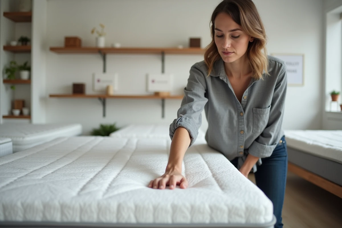 Femme testant la fermeté d'un matelas en mousse dans un showroom de literie moderne