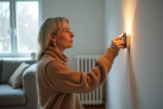 Femme réglant le thermostat mural pour chauffer une pièce humide en hiver