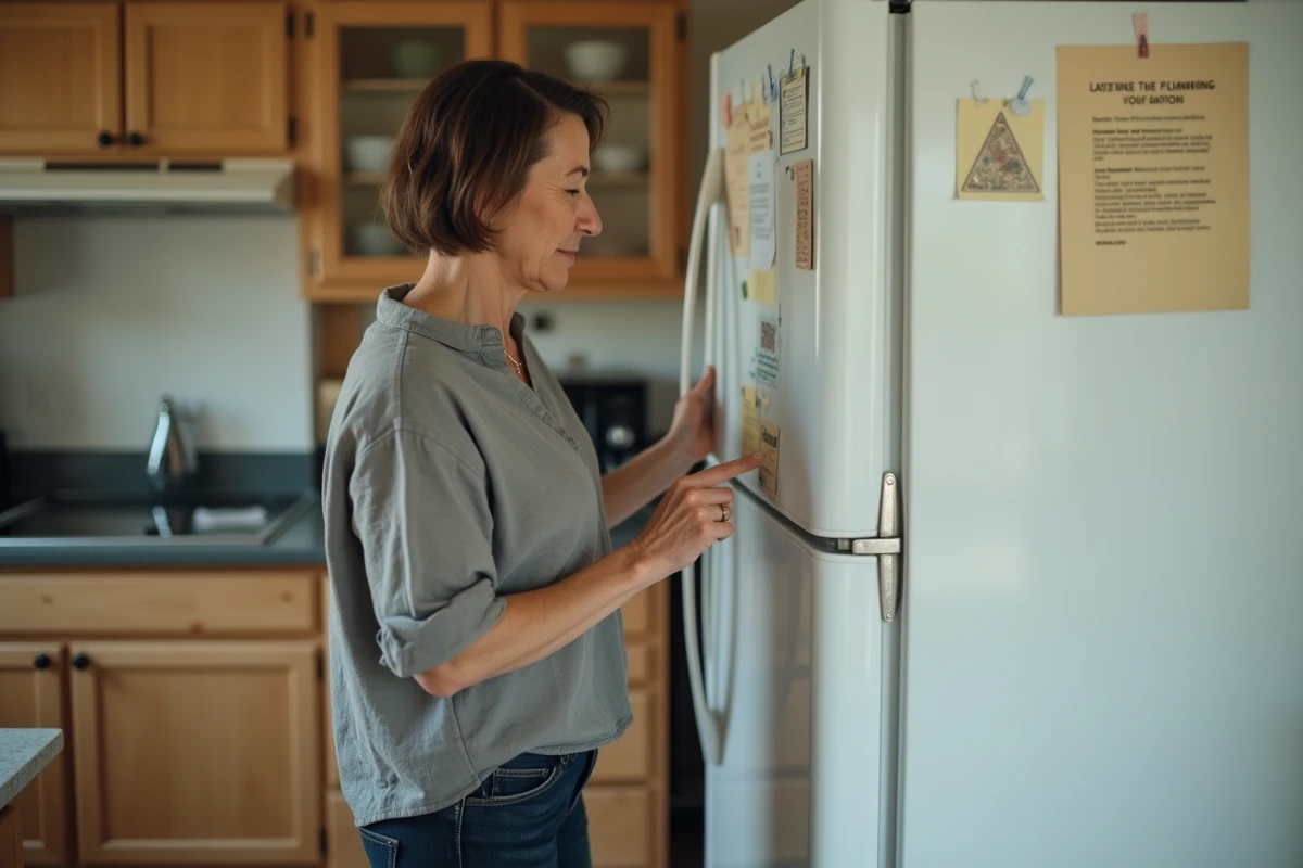 Femme vérifiant l'étiquette d'un vieux réfrigérateur blanc dans une cuisine familiale pour évaluer son ancienneté