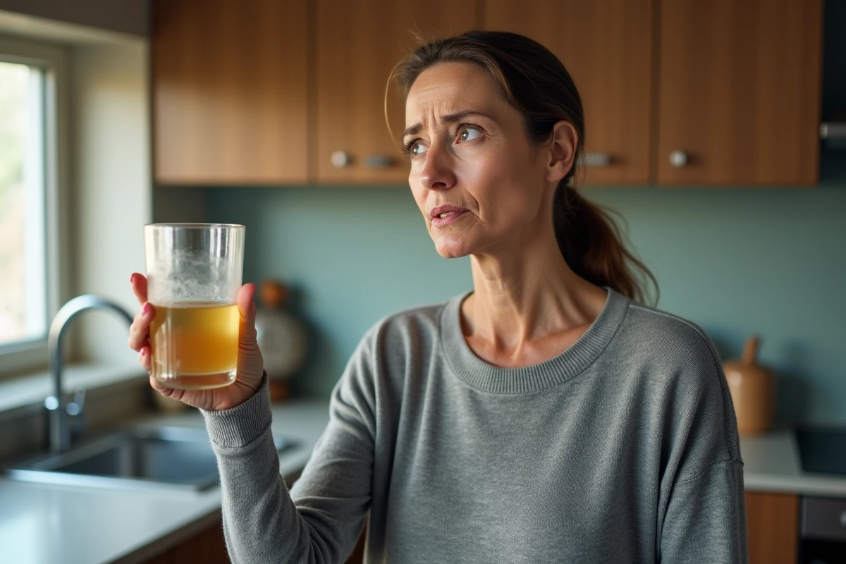 Femme inquiète examinant un verre d'eau du robinet trouble et jaunâtre dans une cuisine, s'interrogeant sur la potabilité de l'eau