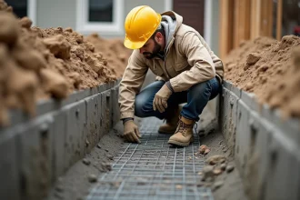 Ingénieur inspectant une fondation en béton armé sur un chantier de construction résidentiel