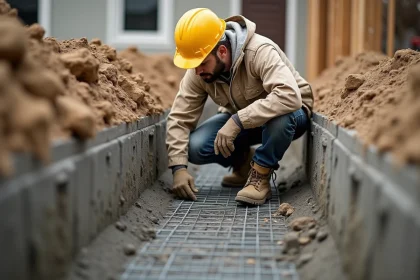 Ingénieur inspectant une fondation en béton armé sur un chantier de construction résidentiel