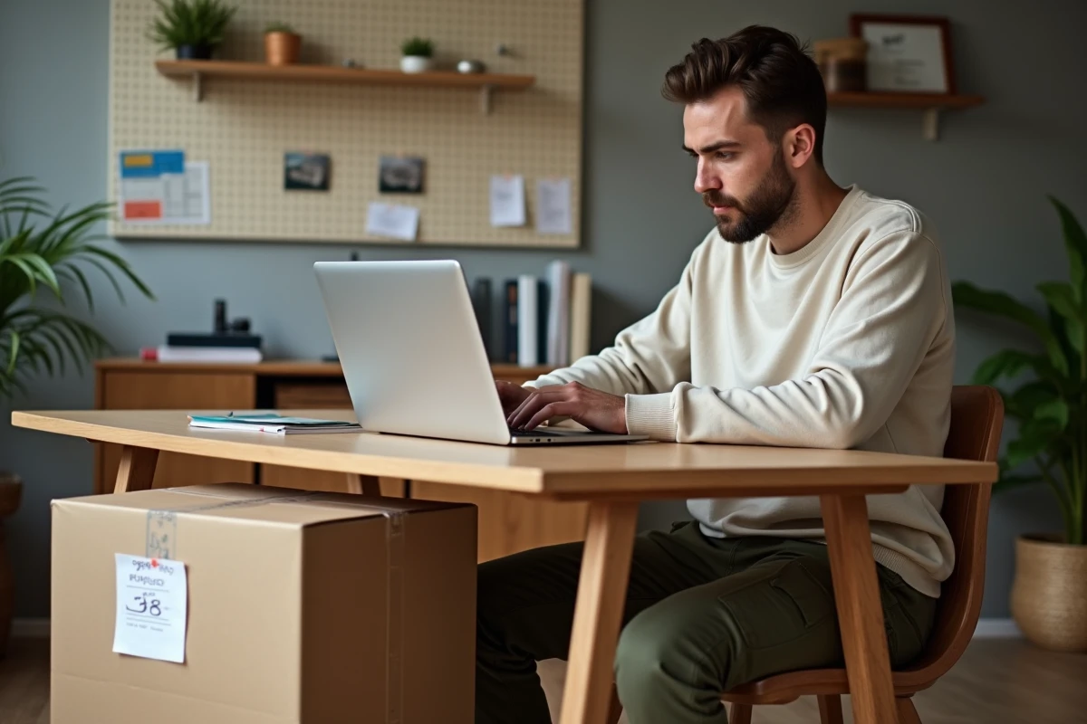 Personne complétant un formulaire d'envoi en ligne pour un colis encombrant sur ordinateur portable à domicile