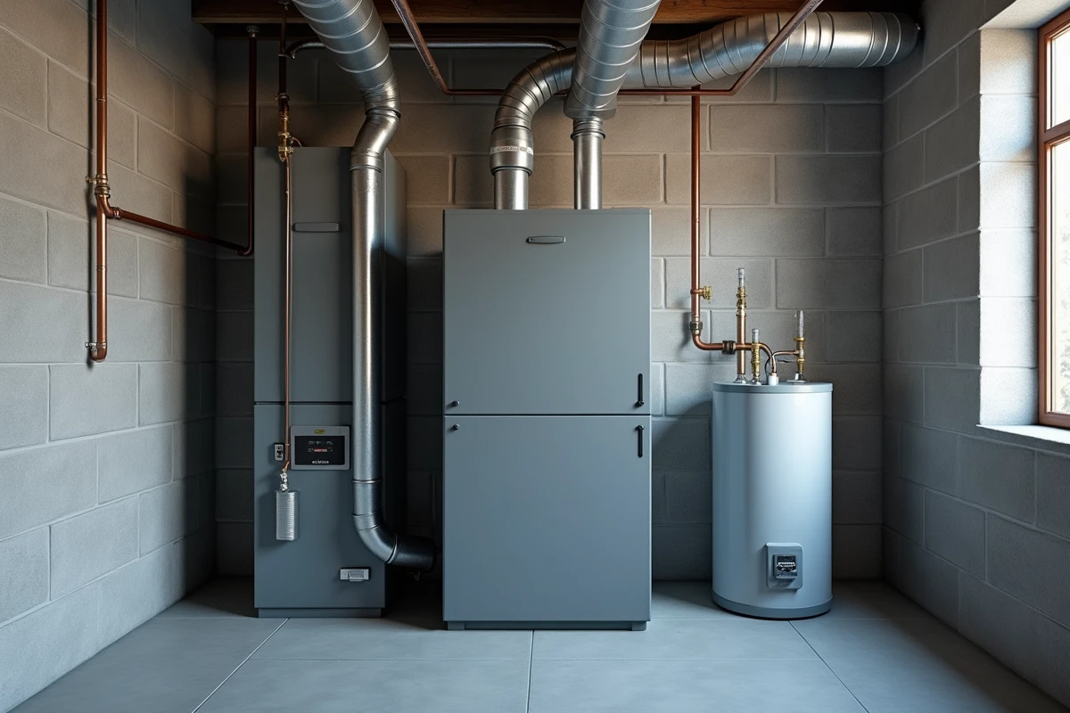 Fournaise au gaz naturel installée dans une salle mécanique résidentielle avec tuyauterie et conduits visibles