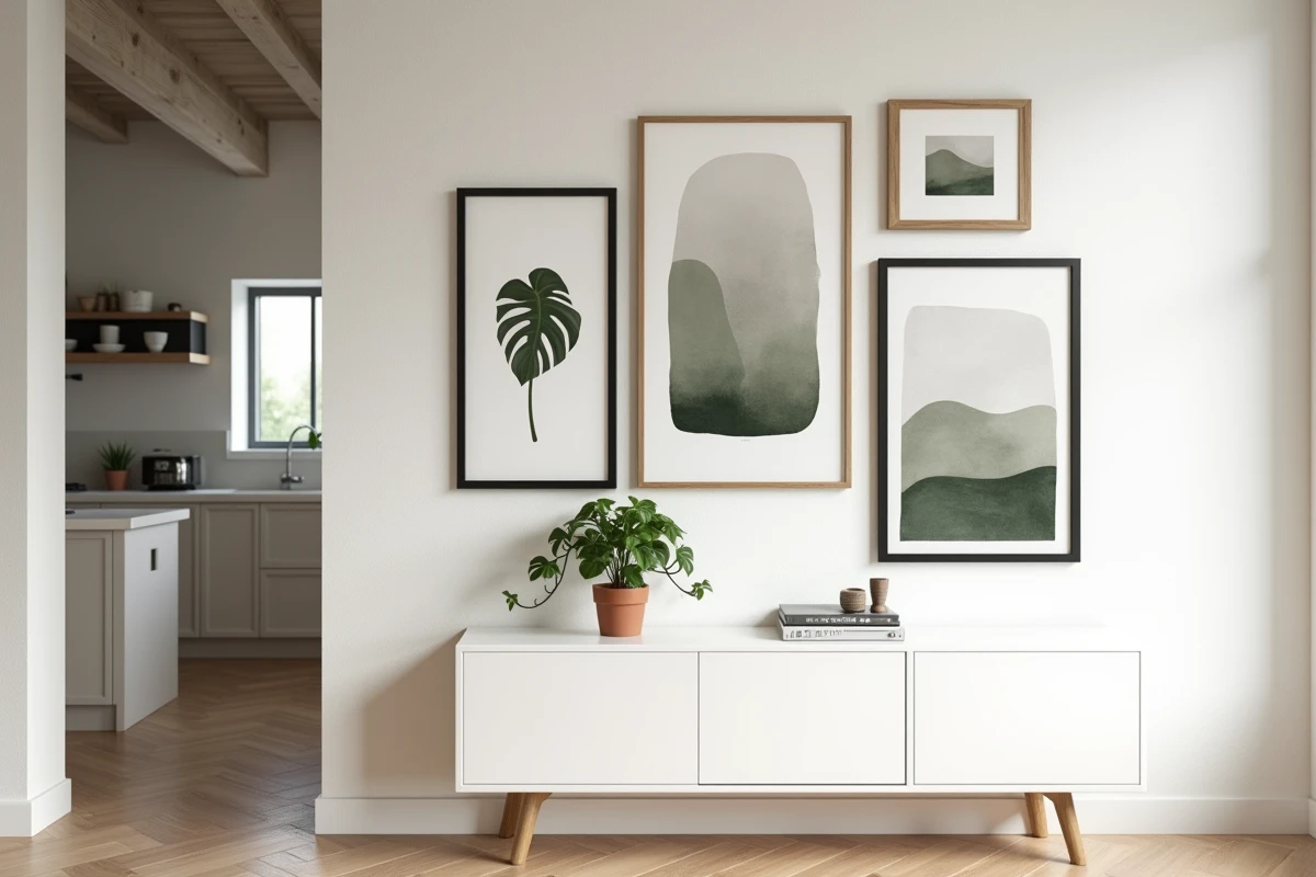 Galerie de cadres au-dessus d'un buffet blanc dans un intérieur scandinave moderne avec plante verte