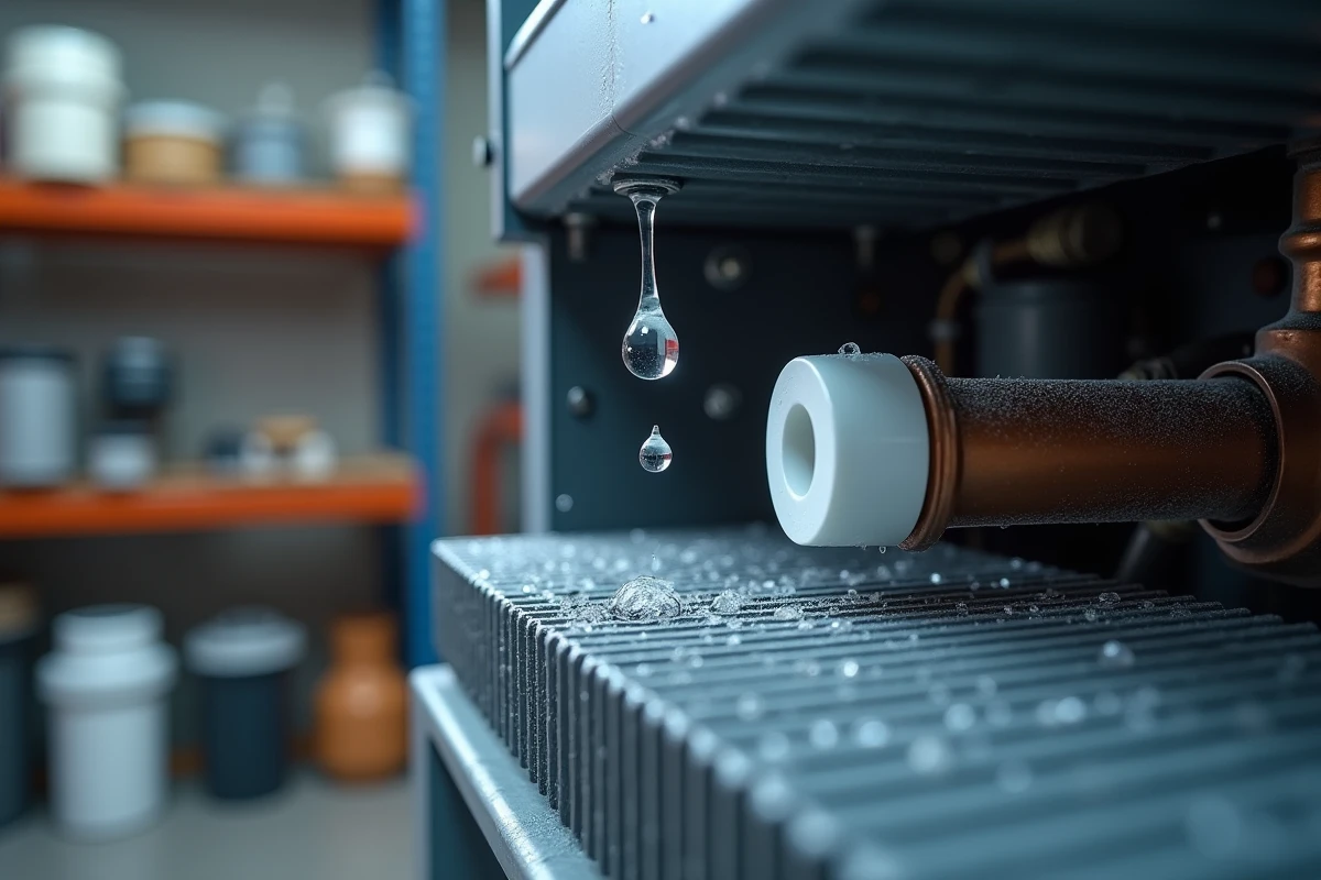 Gros plan sur les gouttelettes de condensation se formant sur l'échangeur thermique en aluminium d'une chaudière à condensation ouverte, illustrant le processus de récupération d'énergie