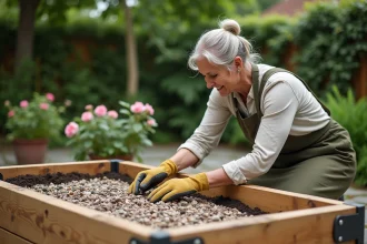 Femme jardiniège ajoutant du gravier au fond d'un carré potager surélevé en bois