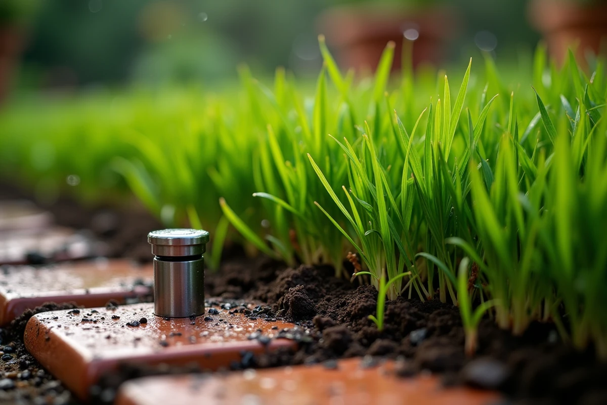 Gros plan sur des brins d'herbe vert foncé avec gouttelettes d'eau et sonde pH dans le sol