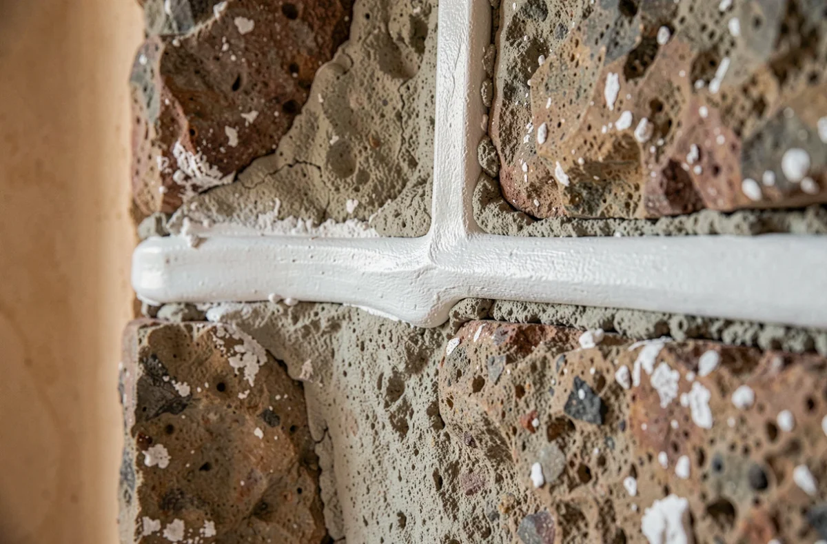 Gros plan sur des joints à la chaux intérieurs sans fissures entre des pierres de taille anciennes