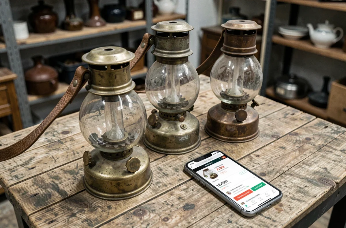Gros plan sur trois lampes à pétrole anciennes avec un smartphone affichant une annonce en ligne au prix suspect