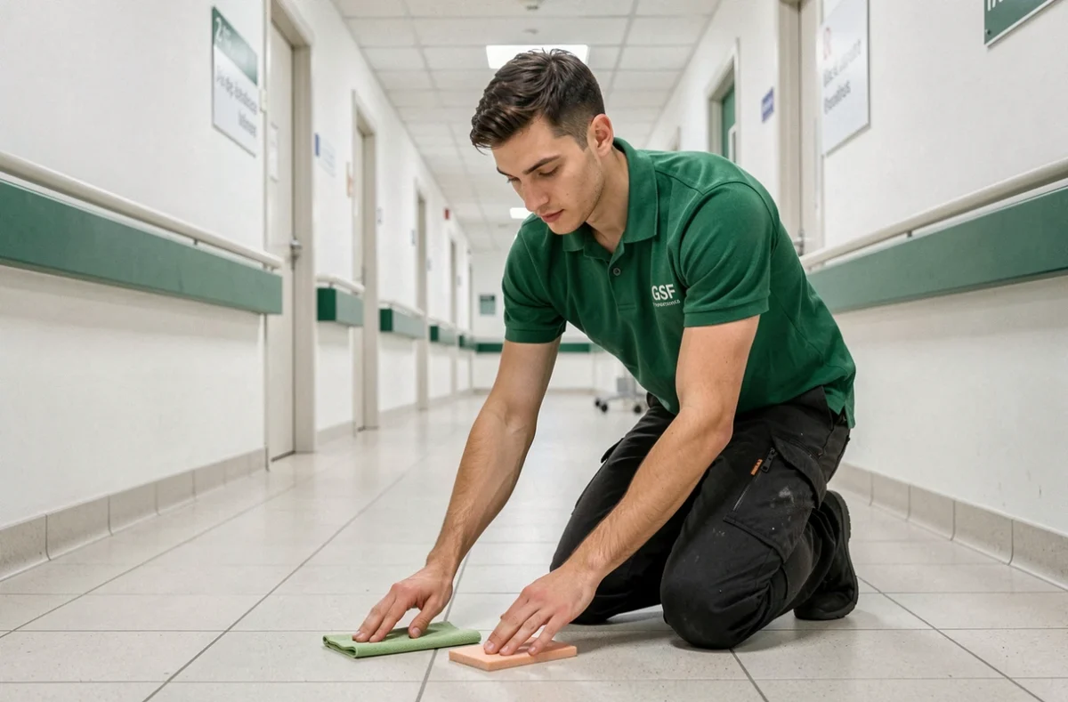 Agent GSF Propreté et Services en polo vert nettoyant un couloir carrelé d'un établissement médical en Île-de-France