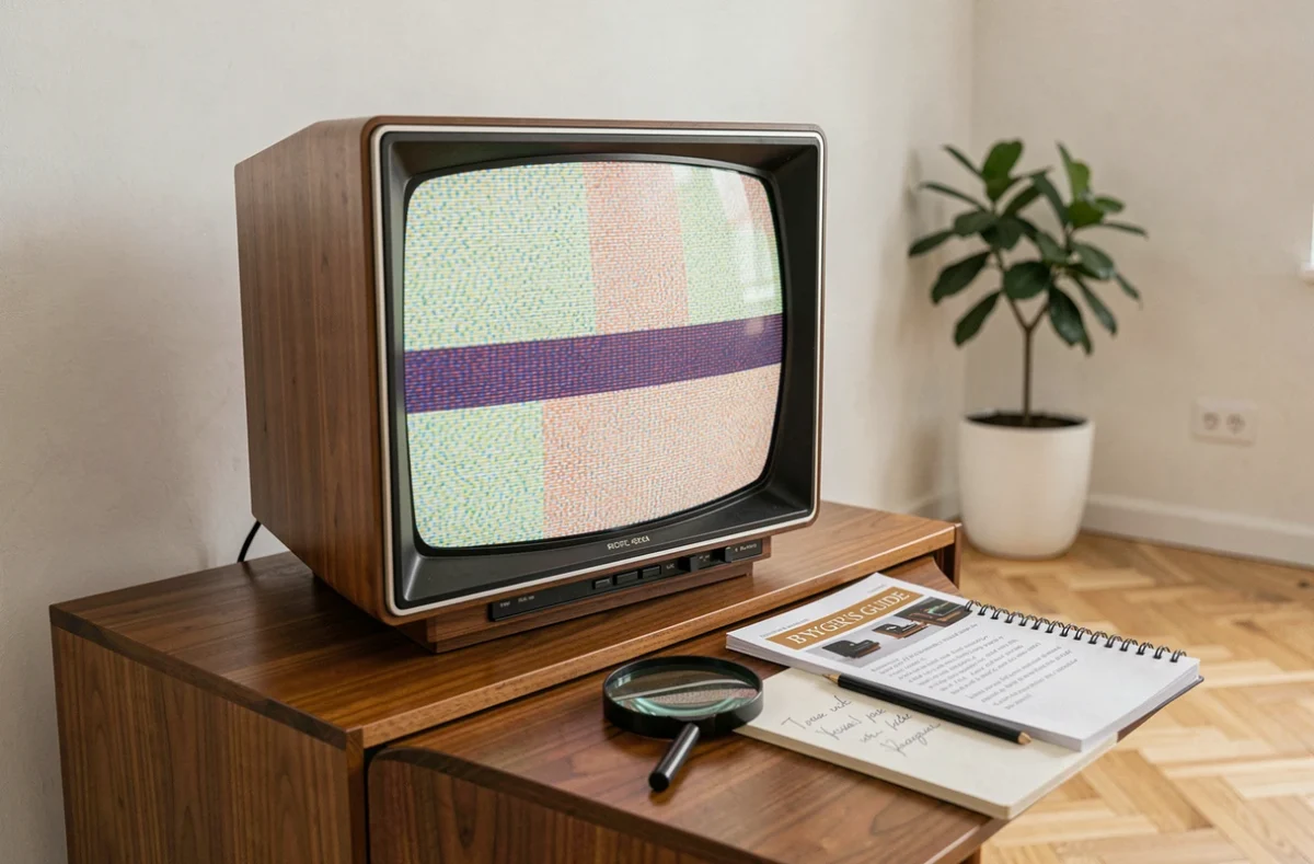 Un téléviseur vintage restauré des années 80 posé sur un buffet en bois avec un guide d'achat et des notes manuscrites