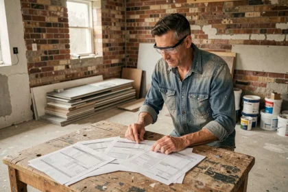 Artisan examinant un guide des prix de rénovation maison sur un chantier de cuisine en travaux