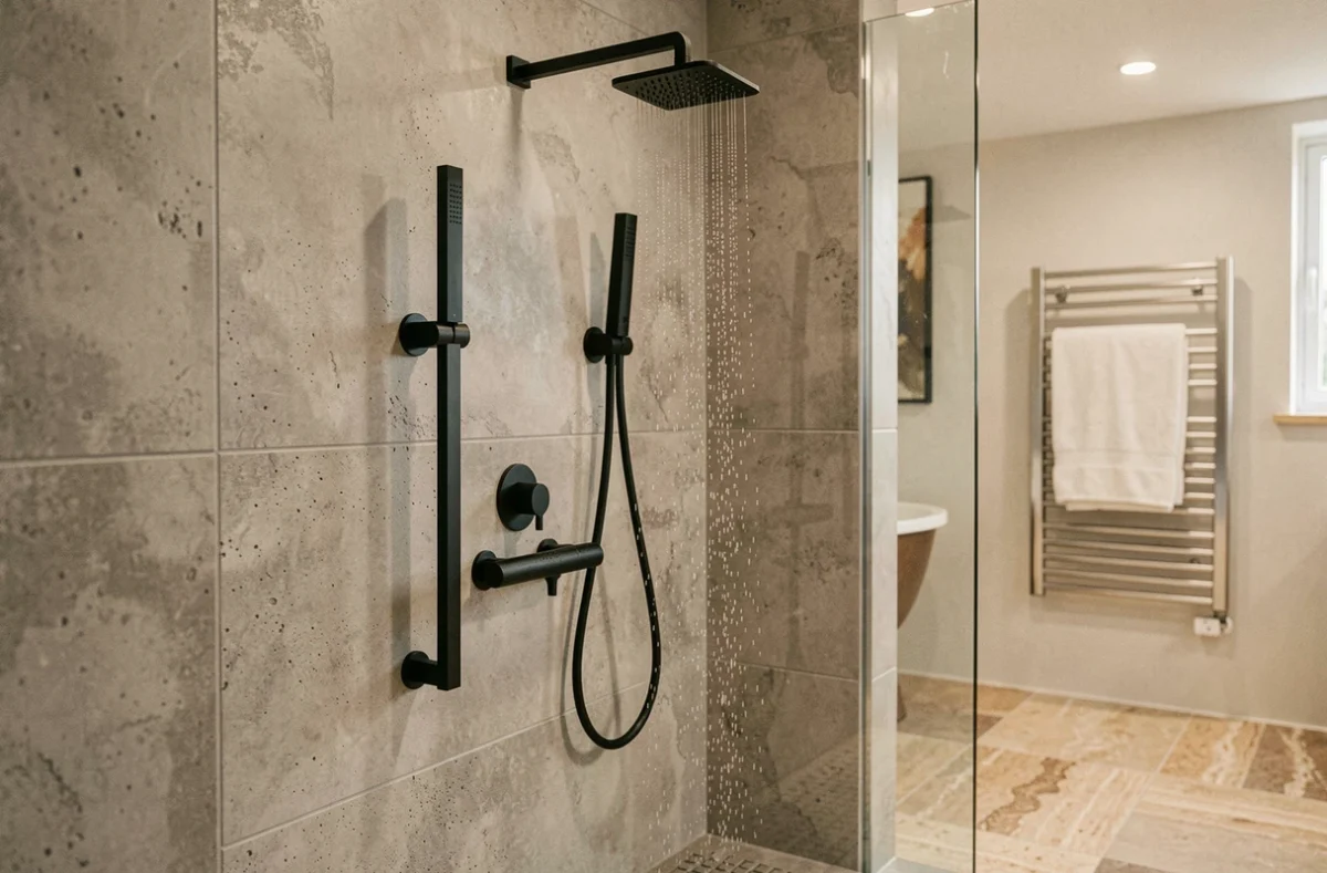 Douche italienne avec mitigeur thermostatique noir mat à hauteur standard et pommeau de douche encastré dans salle de bain en béton ciré