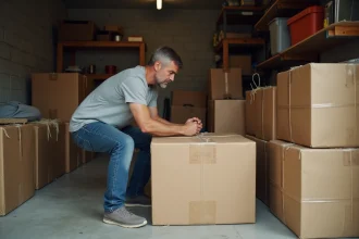 Homme aplatissant de grands cartons dans un garage encombré avant de les emmener au recyclage