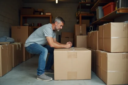 Homme aplatissant de grands cartons dans un garage encombré avant de les emmener au recyclage