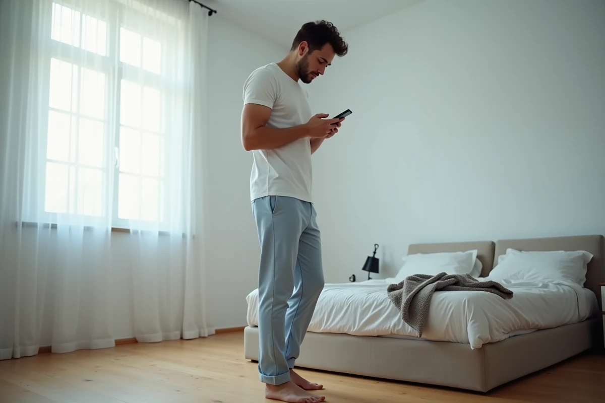 Homme debout pieds nus à côté de son lit le matin regardant son alarme de téléphone portable