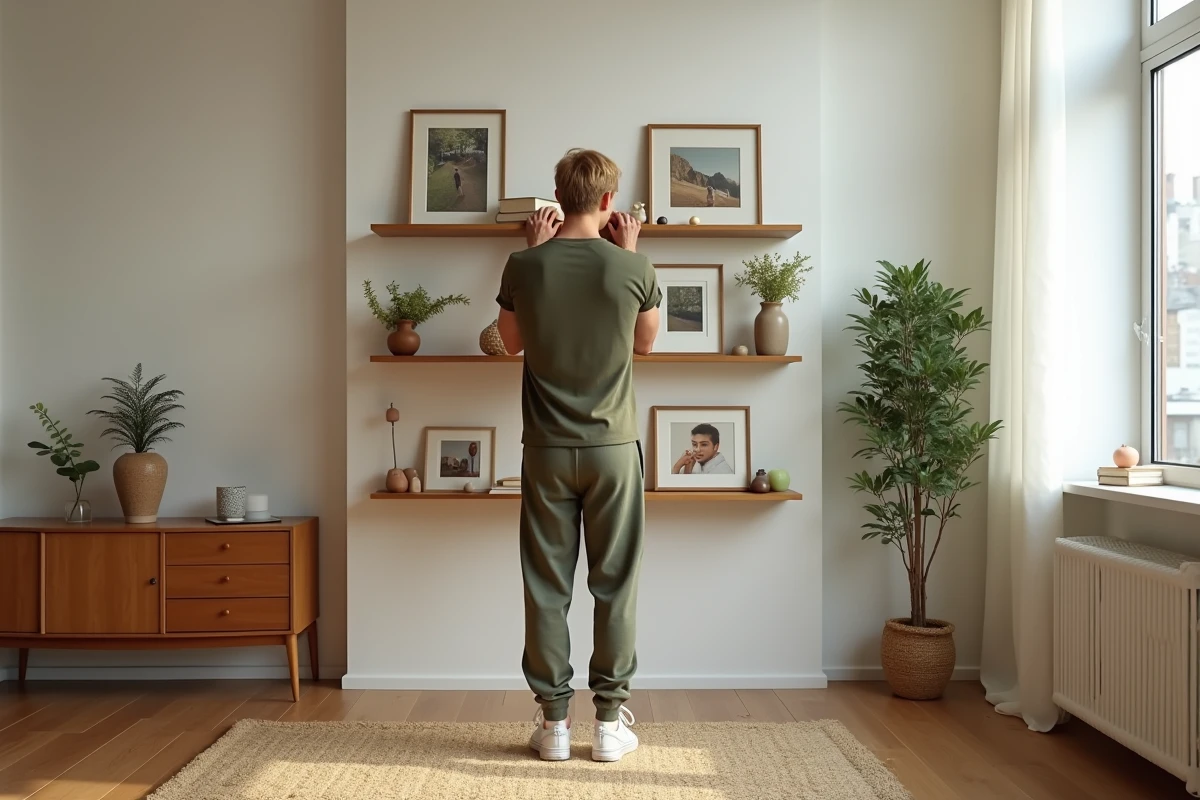 Homme arrangeant des photos et objets décoratifs sur une étagère en bois dans un nouveau logement fraîchement emménagé