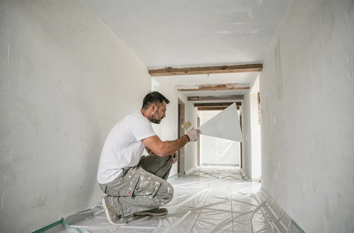 Homme peignant soigneusement le bord d'un plafond blanc dans un couloir avec un pinceau de découpe