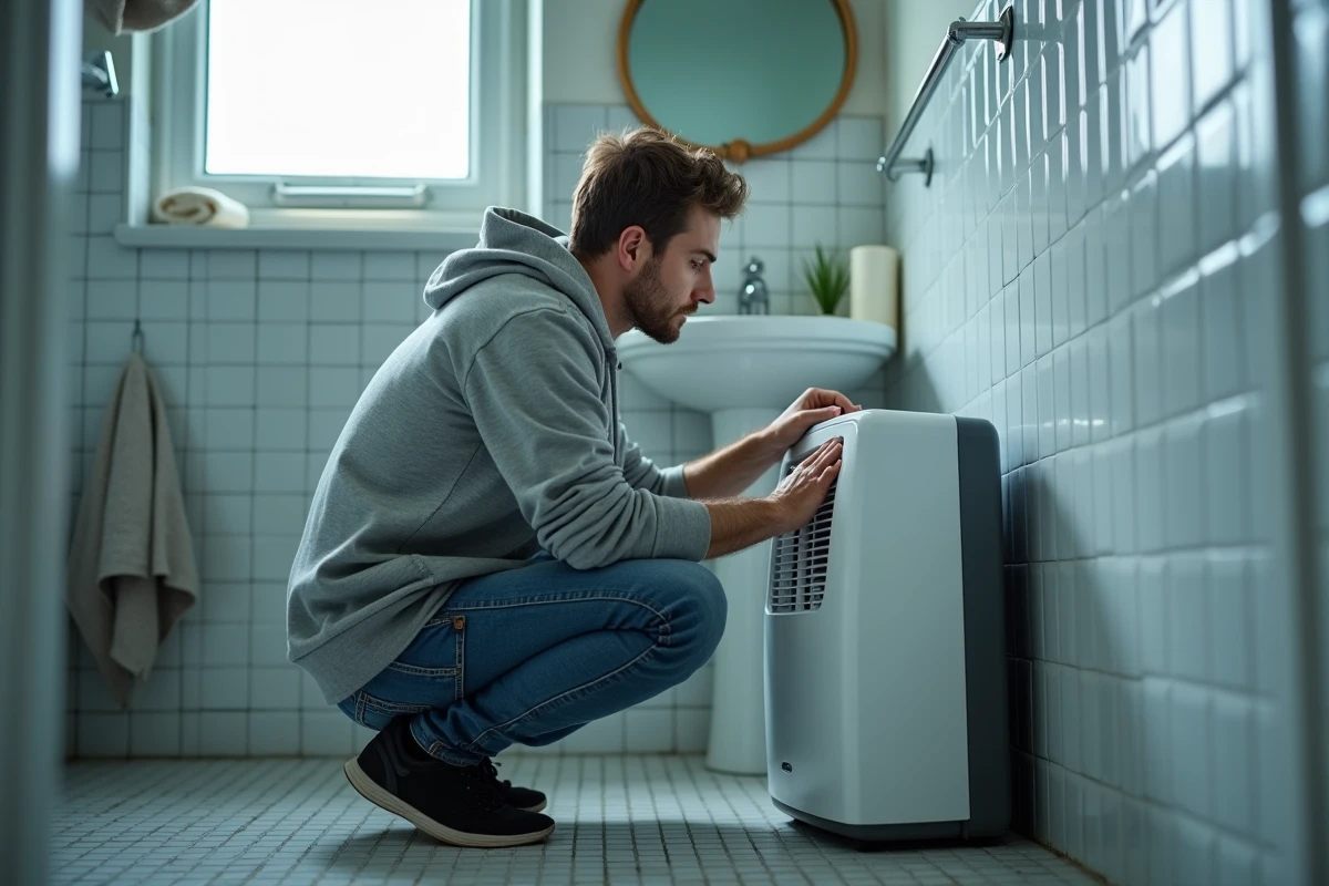 Homme vérifiant un déshumidificateur électrique dans une salle de bain humide