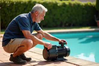Homme examinant une pompe de piscine résidentielle pour réduire sa consommation électrique