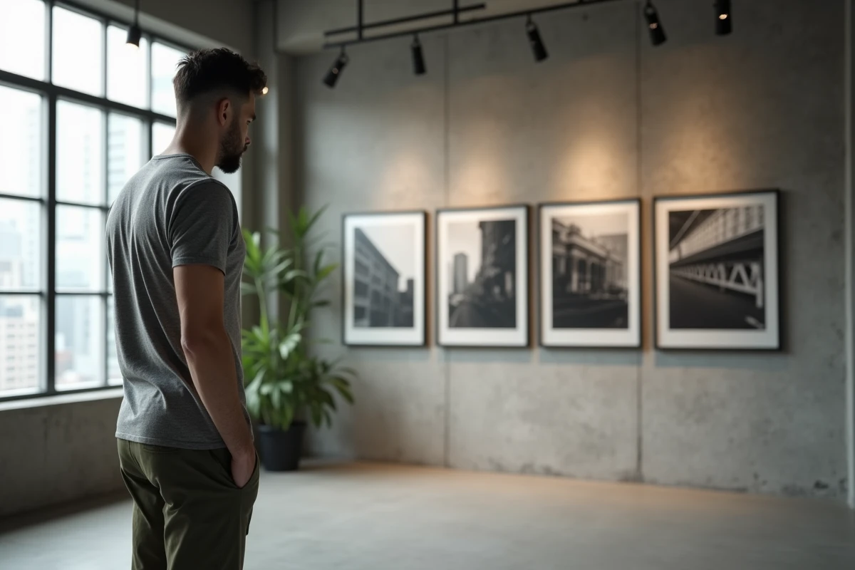 Homme évaluant l'espacement entre plusieurs tableaux en noir et blanc alignés sur un mur en béton dans un appartement moderne