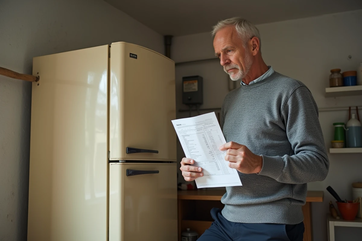 Homme tenant une facture d'électricité à côté d'un vieux réfrigérateur dans une buanderie