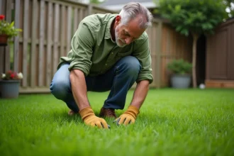 Homme inspectant de près une pelouse verte et uniforme dans un jardin soigné