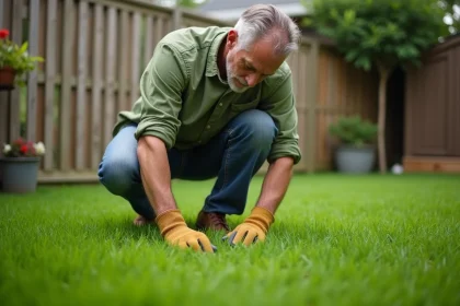 Homme inspectant de près une pelouse verte et uniforme dans un jardin soigné