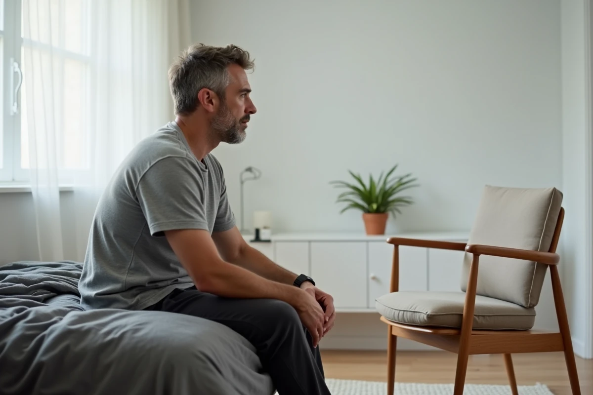 Homme assis sur le bord d'un lit moderne observant une chaise scandinave placée en face de lui dans une chambre minimaliste