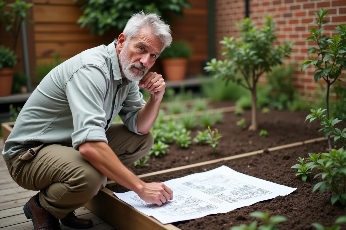 Homme planifiant l'aménagement de son jardin urbain avec un plan dessiné à la main devant des bacs surélevés