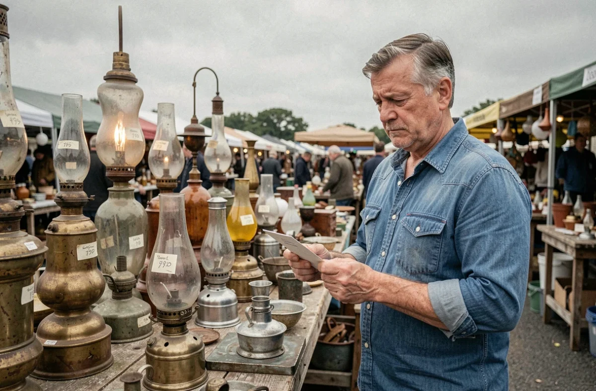 Homme examinant des étiquettes de prix sur des lampes à pétrole vintage dans un marché aux puces en plein air