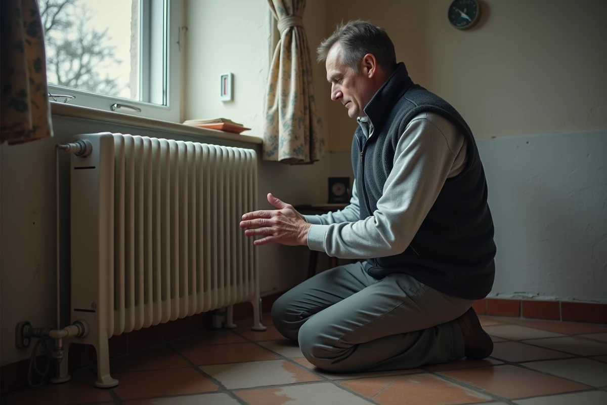 Homme qui se réchauffe les mains contre un radiateur dans une cuisine ancienne mal isolée