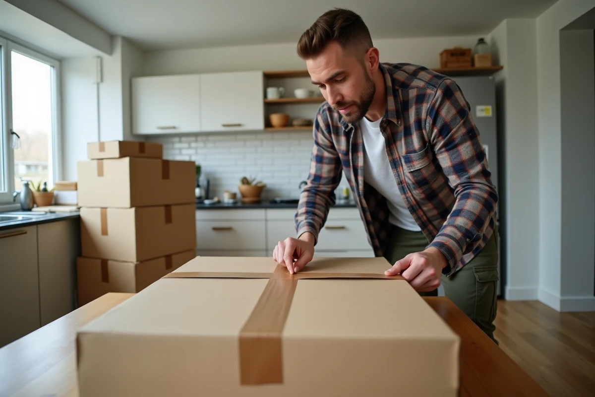 Homme qui scotche un carton de déménagement avec un dérouleur de ruban adhésif dans une cuisine moderne