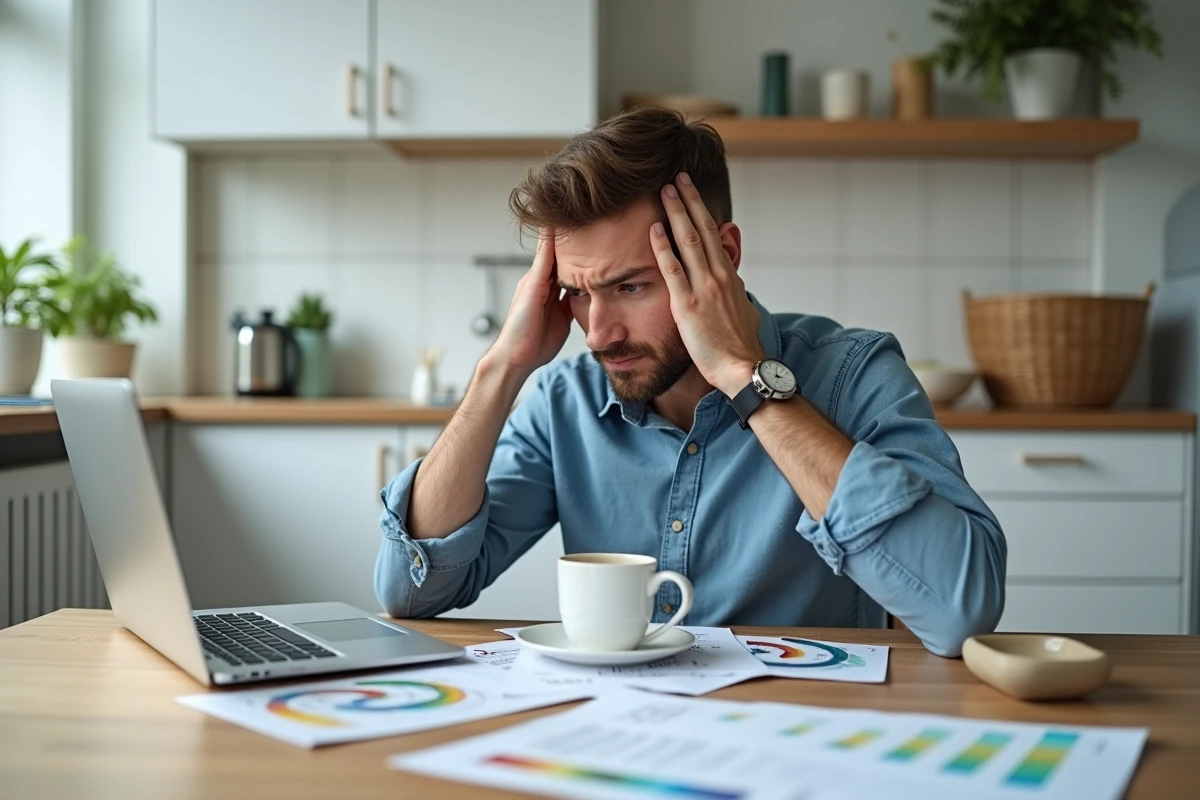 Homme stressé assis à une table de cuisine avec des documents de home staging, les mains sur les tempes, exprimant la pression liée à la préparation immobilière
