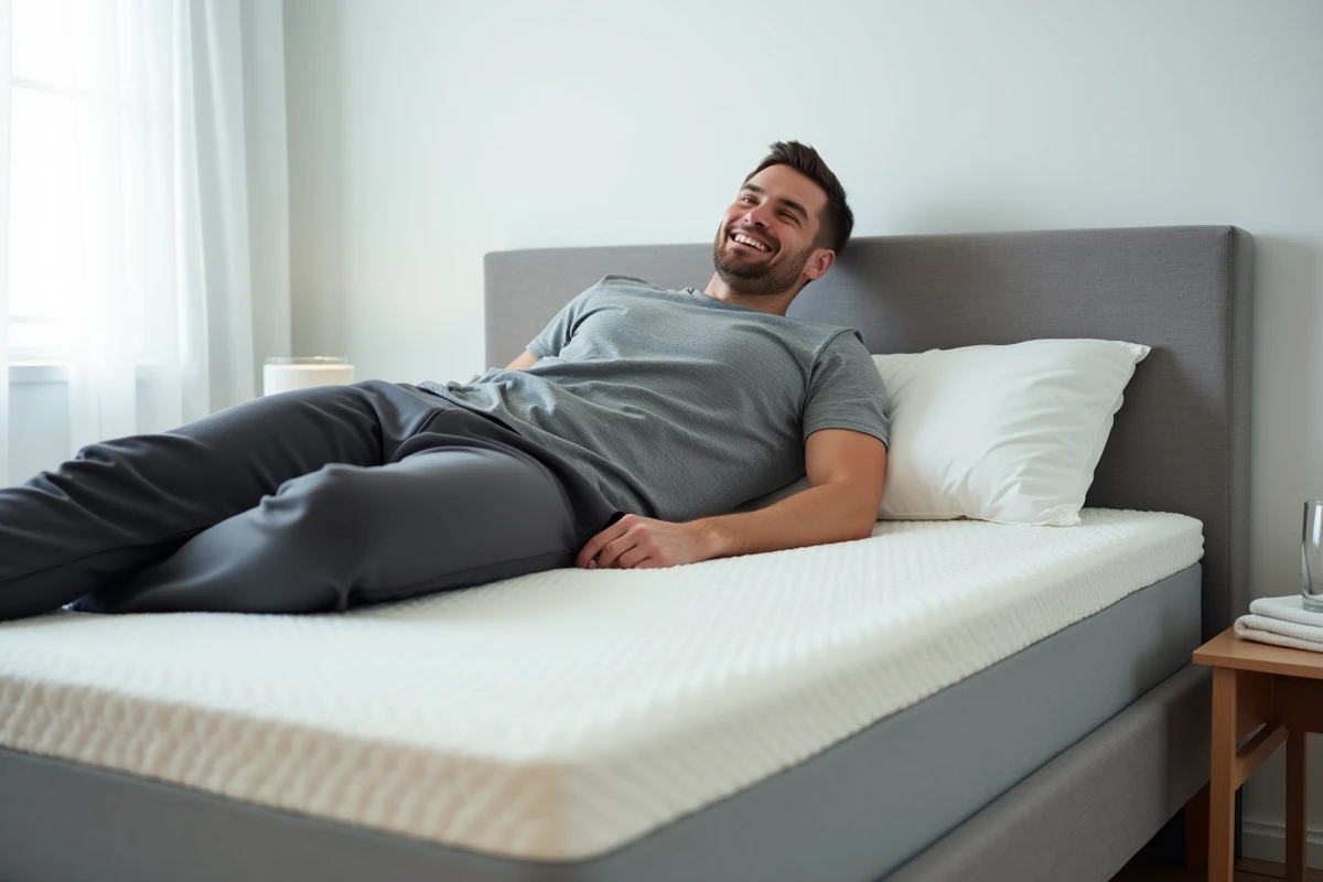 Homme allongé sur un matelas ferme en position de repos, évaluant le soutien lombaire pour réduire les douleurs de dos